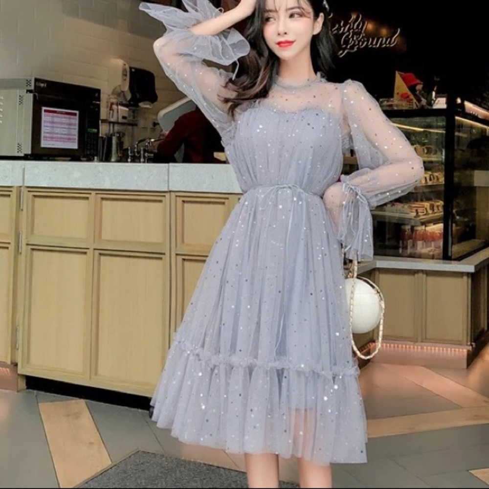 Dress fairy mesh Ruffle pastel peacock blue sequin stars moon - Picture 5 of 8